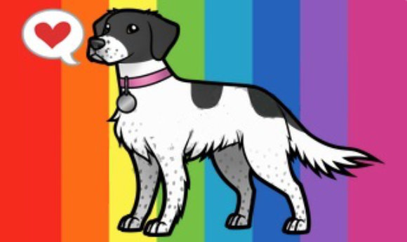 An illustration of Morag the dog on a rainbow background