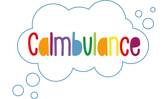 An illustration of a cloud with the word "calmbulance" in multicoloured letters